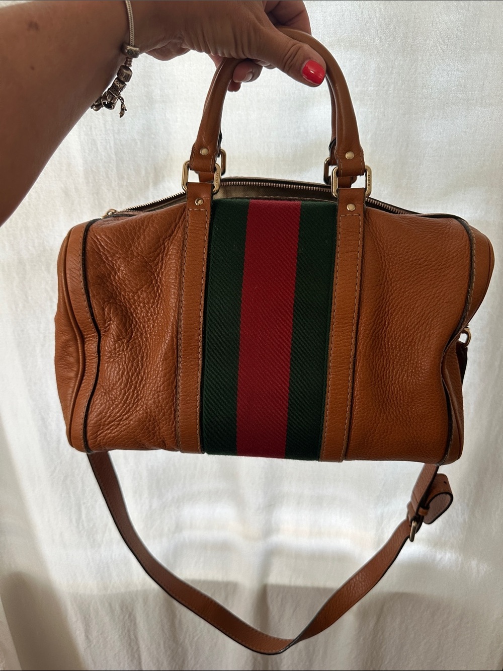 Gucci Boston Tan Leather Shoulder Bag with Green & Red Center Stripe crossbody